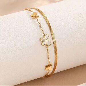 Gold Plated Herringbone Butterfly Double Anklet Bracelet